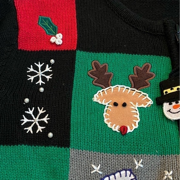 Y2K Ugly Christmas Sweater Patchwork Applique Knit Full Zip Large Petite - Picture 7 of 9